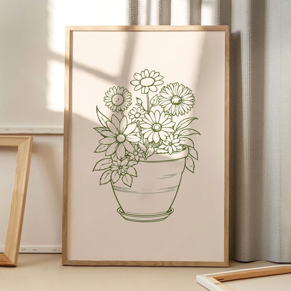 Minimalist Sage Green Daisy Line Art Flower Pot Botanical Poster