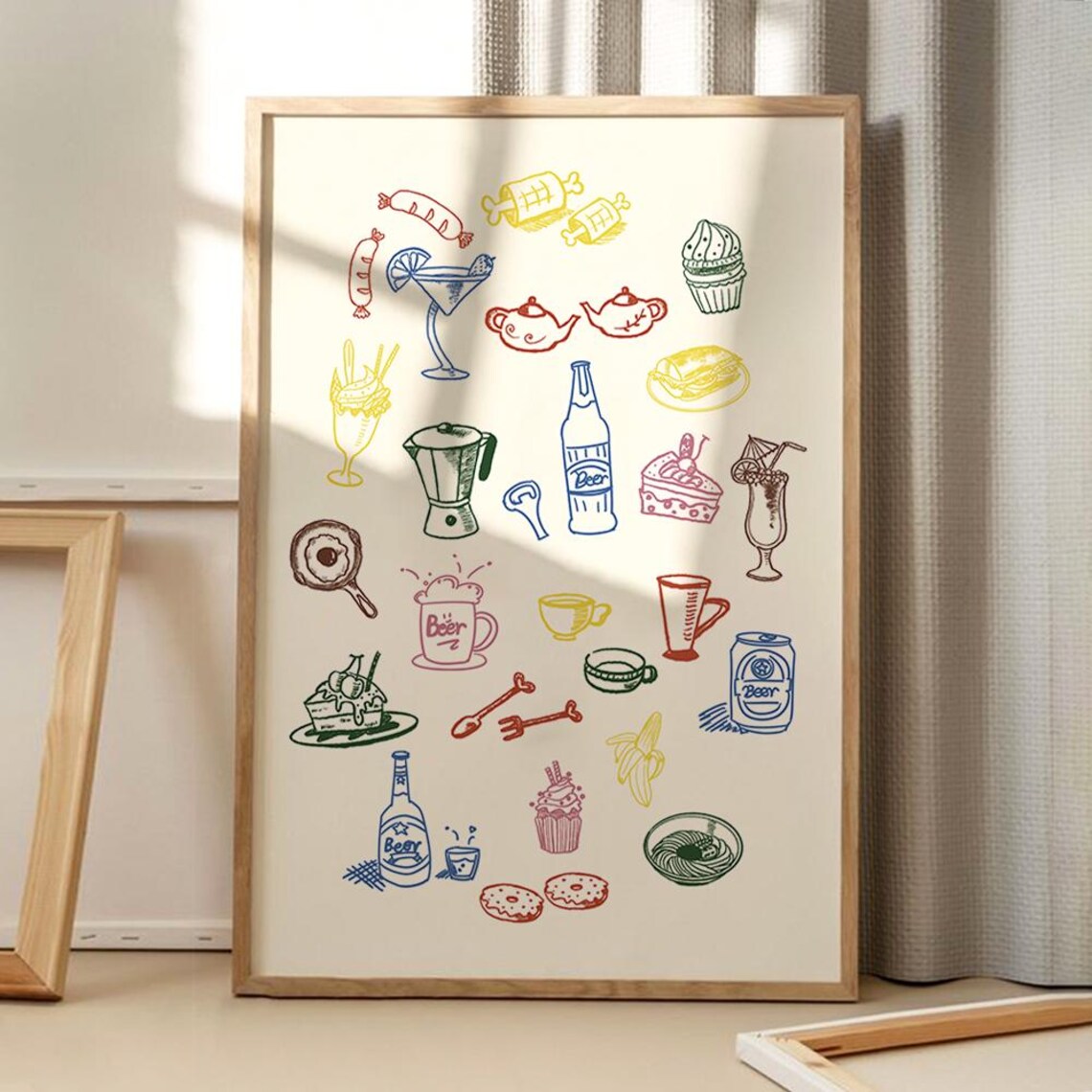 Colorful Food And Drink Doodles Kitchen Sketch Retro Decor Poster