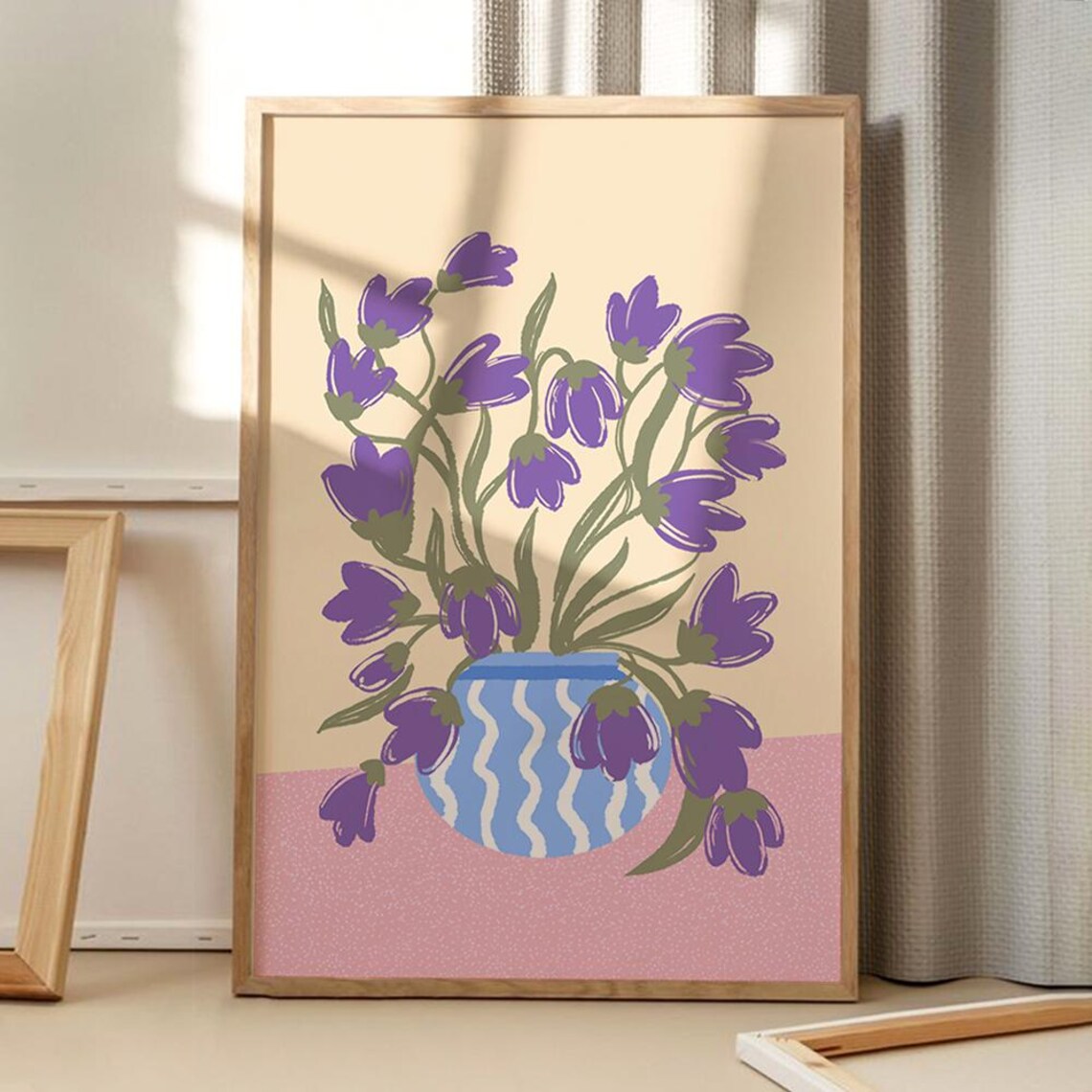 Purple Bell Flowers Blue Striped Vase Retro Botanical Art Poster