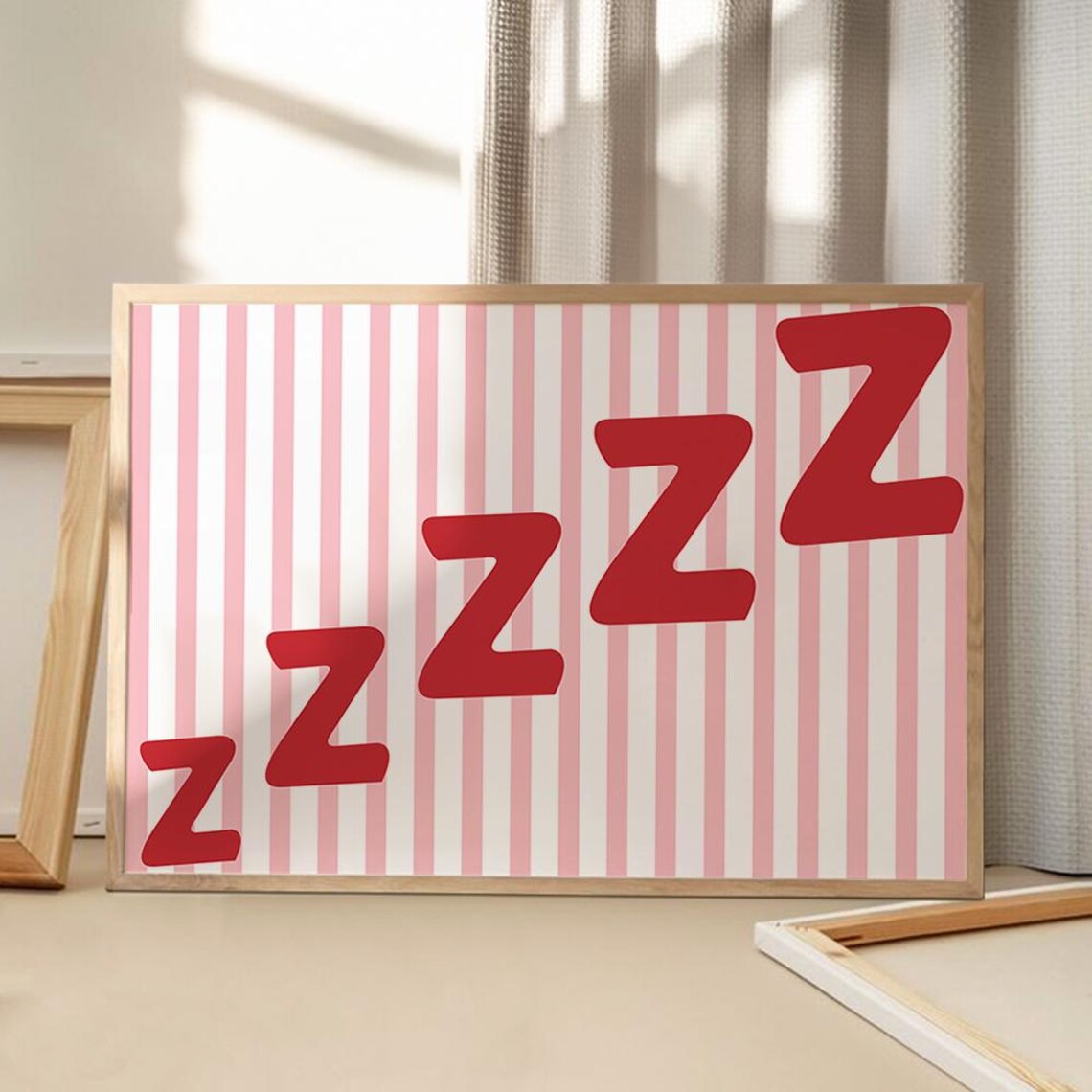 Red ZZZ Snooze Letters Pink Striped Retro Bedroom Decor Poster