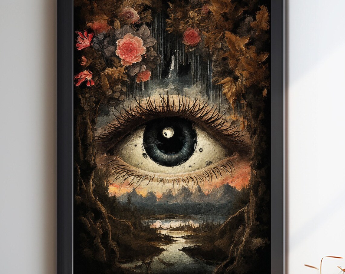 Surreal Eye with Mountain Landscape and Floral Dreamscape Poster