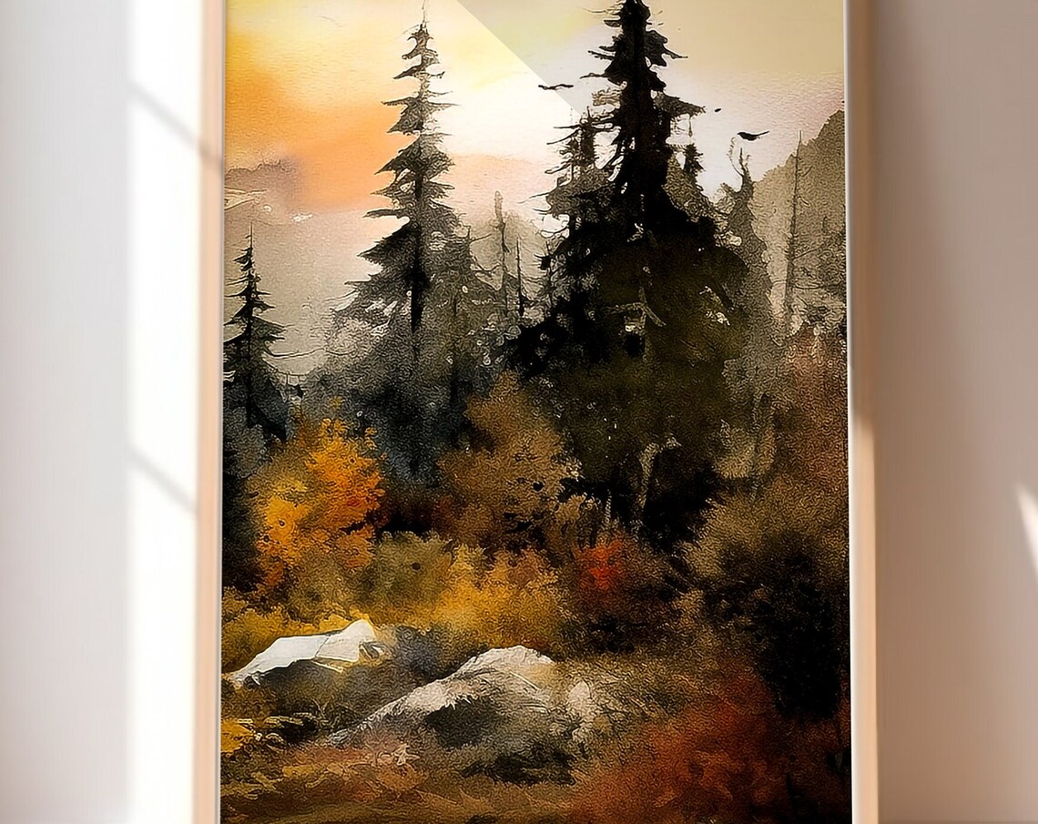 Autumn Pine Forest Watercolor Orange Foliage Flying Birds Wall Art