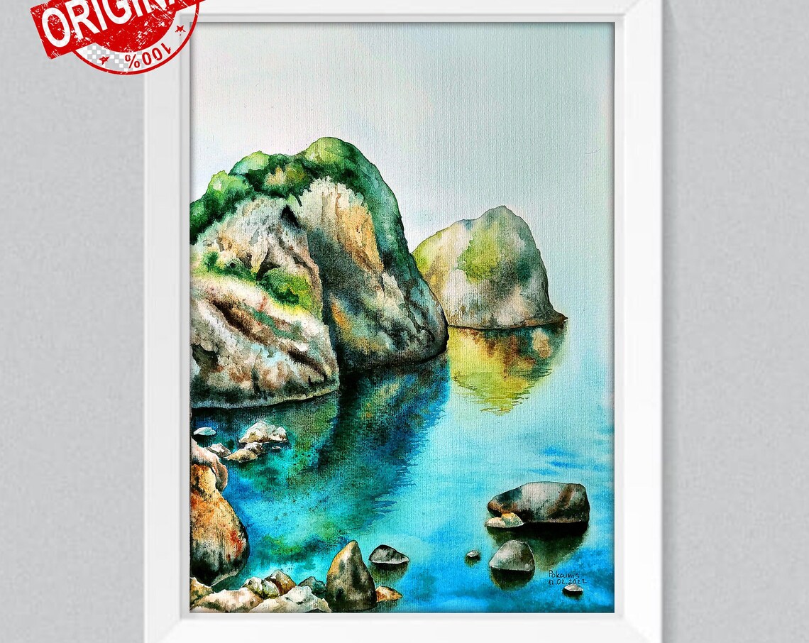 Turquoise Rocky Cove Watercolor Coastal Seascape Artwork Poster - Image 2