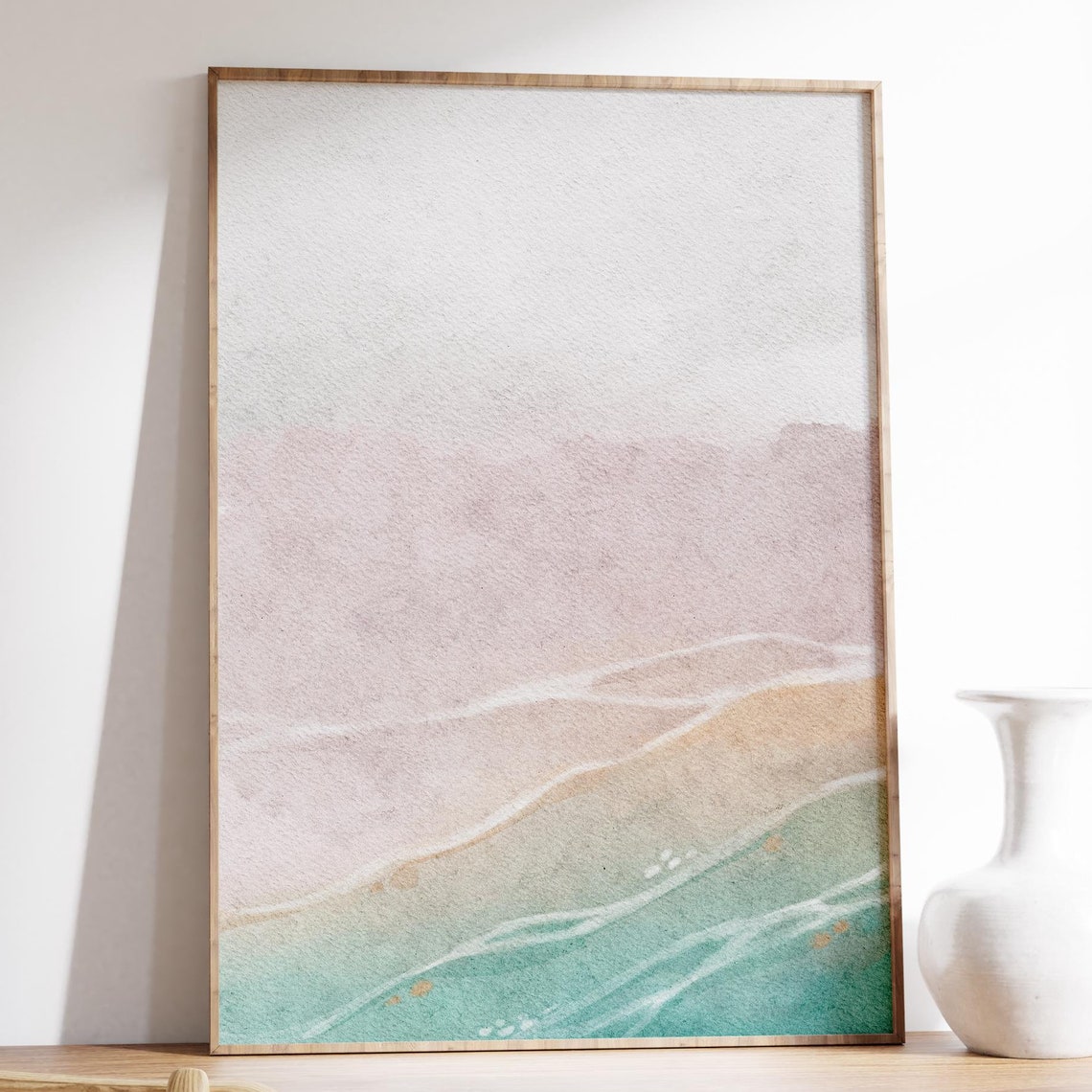 Dreamy Blush Pink Sky Over Gold Sand And Teal Ocean Waves Print