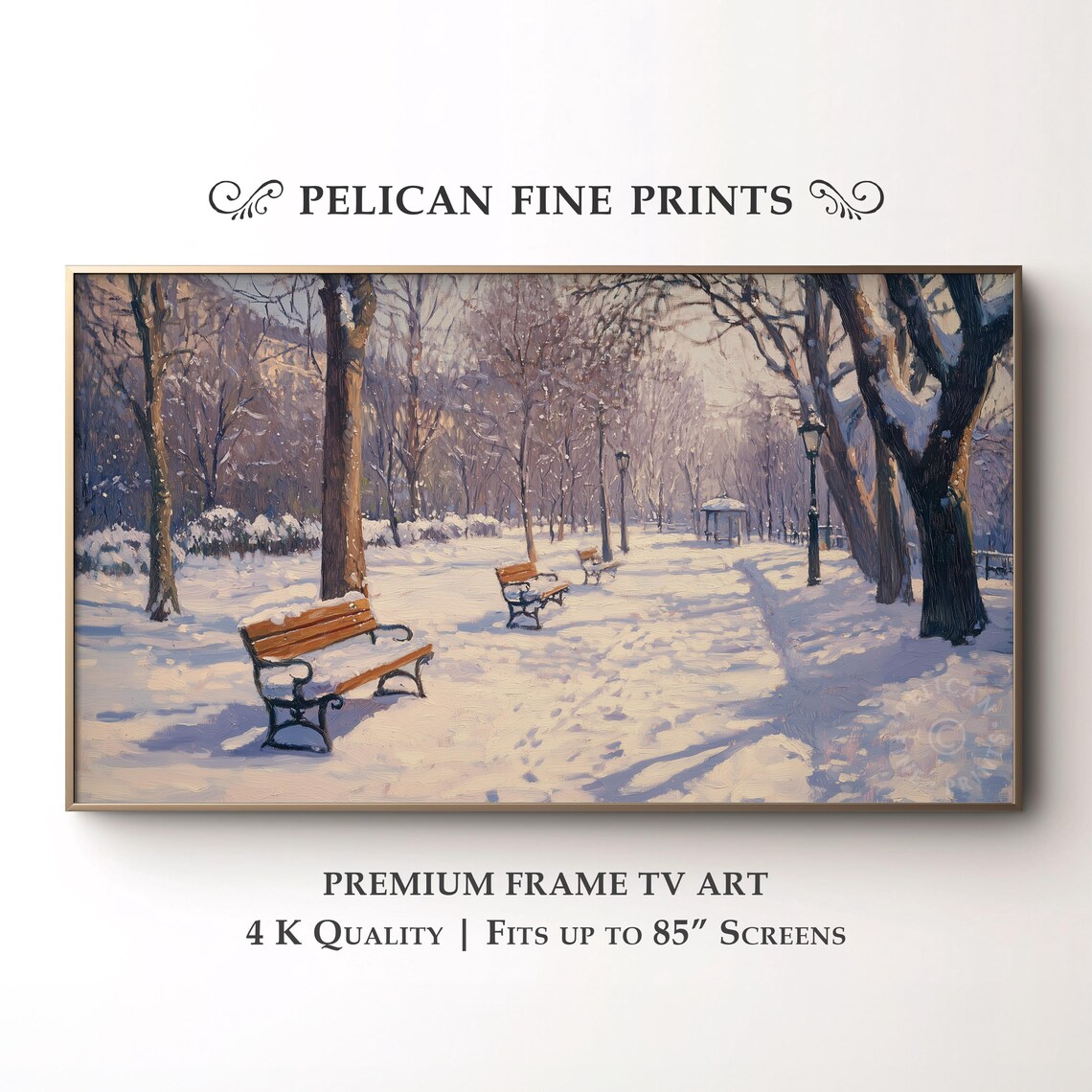 Snowy City Park Winter Benches Trees Impressionistic Landscape Wall Art