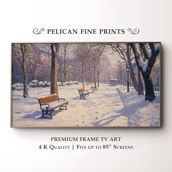Snowy City Park Winter Benches Trees Impressionistic Landscape Wall Art