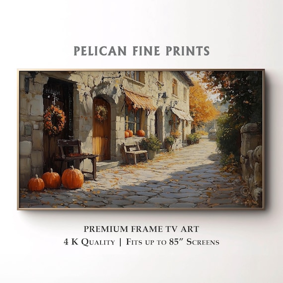 Autumn Village Street Pumpkins Oil Painting Rustic Fall Art Poster