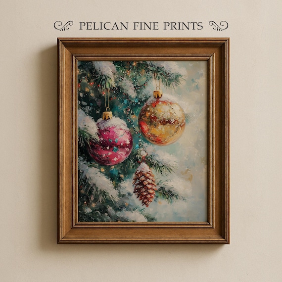 Christmas Ornaments Snowy Pine Branch Painting Holiday Art Poster