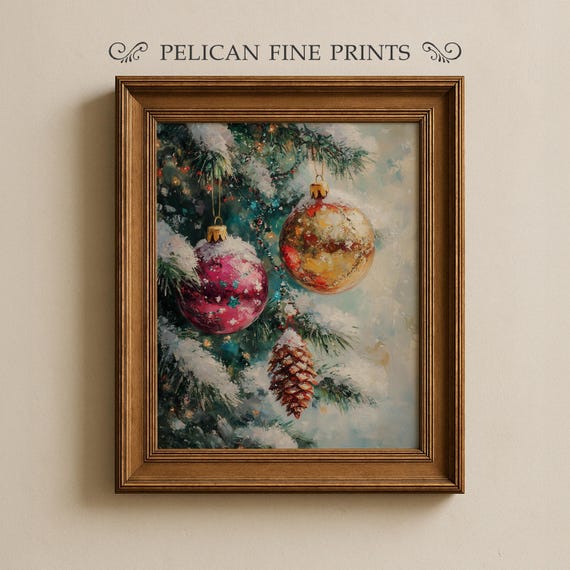 Colorful Christmas Ornaments On Pine Branch Festive Holiday Wall Art Print V44