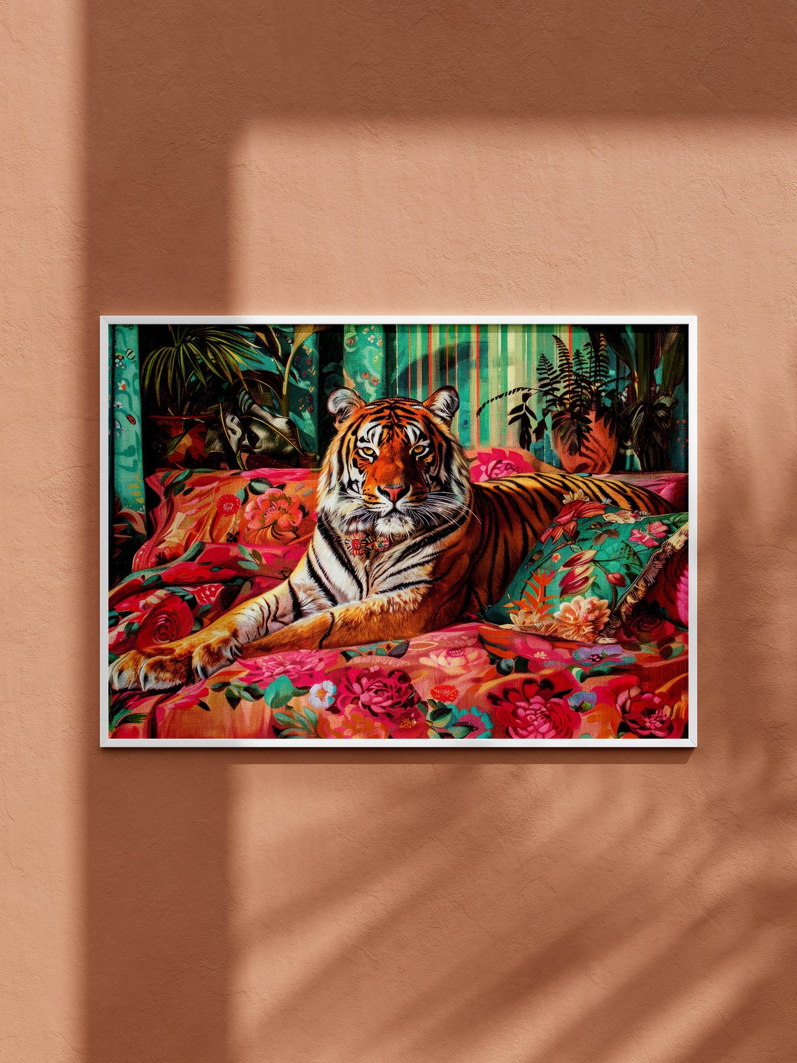 Tiger Lounging On Floral Bed Maximalist Colorful Tropical Wall Art - Image 2