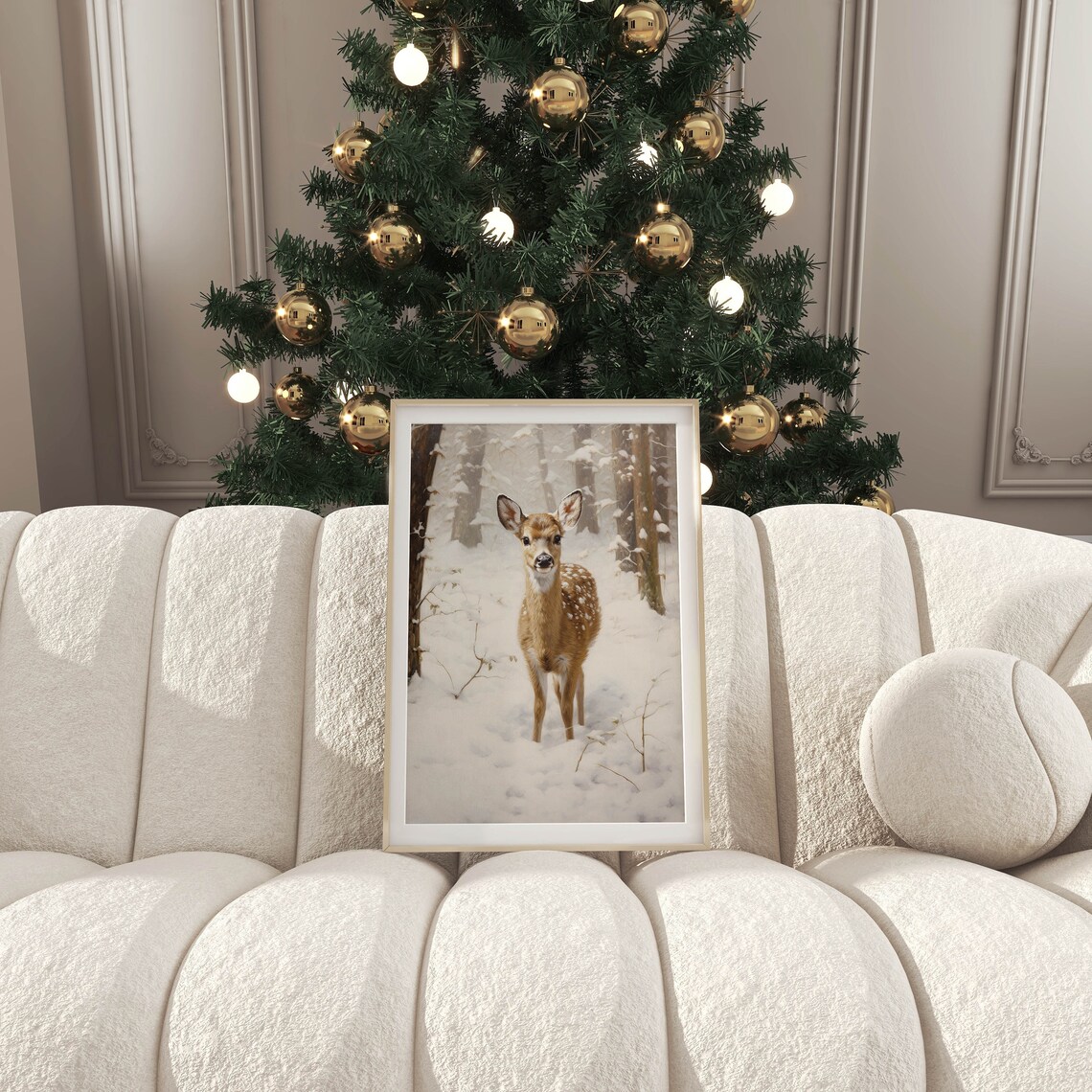 Spotted Fawn in a Snowy Winter Forest Vintage Christmas Wildlife Poster - Image 2
