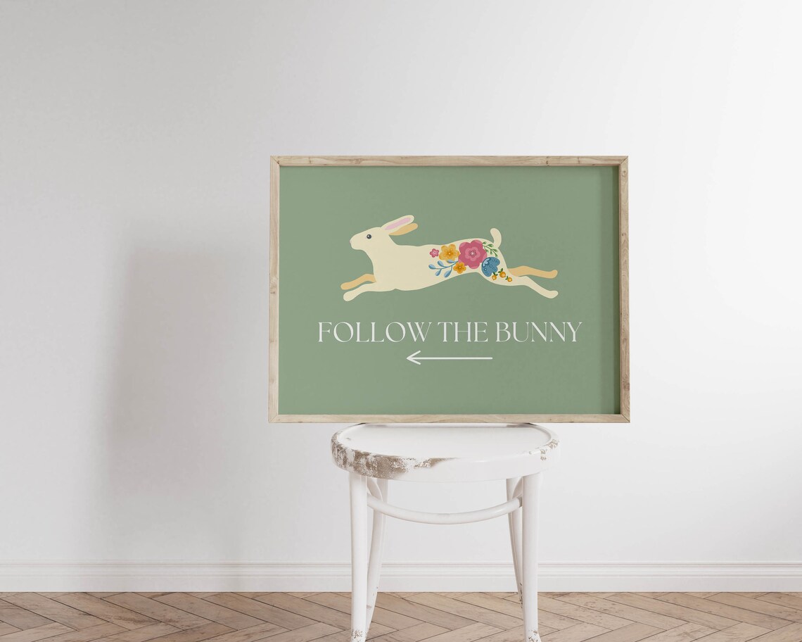 Follow The Bunny Sage Green Floral Rabbit Easter Sign Poster - Image 2