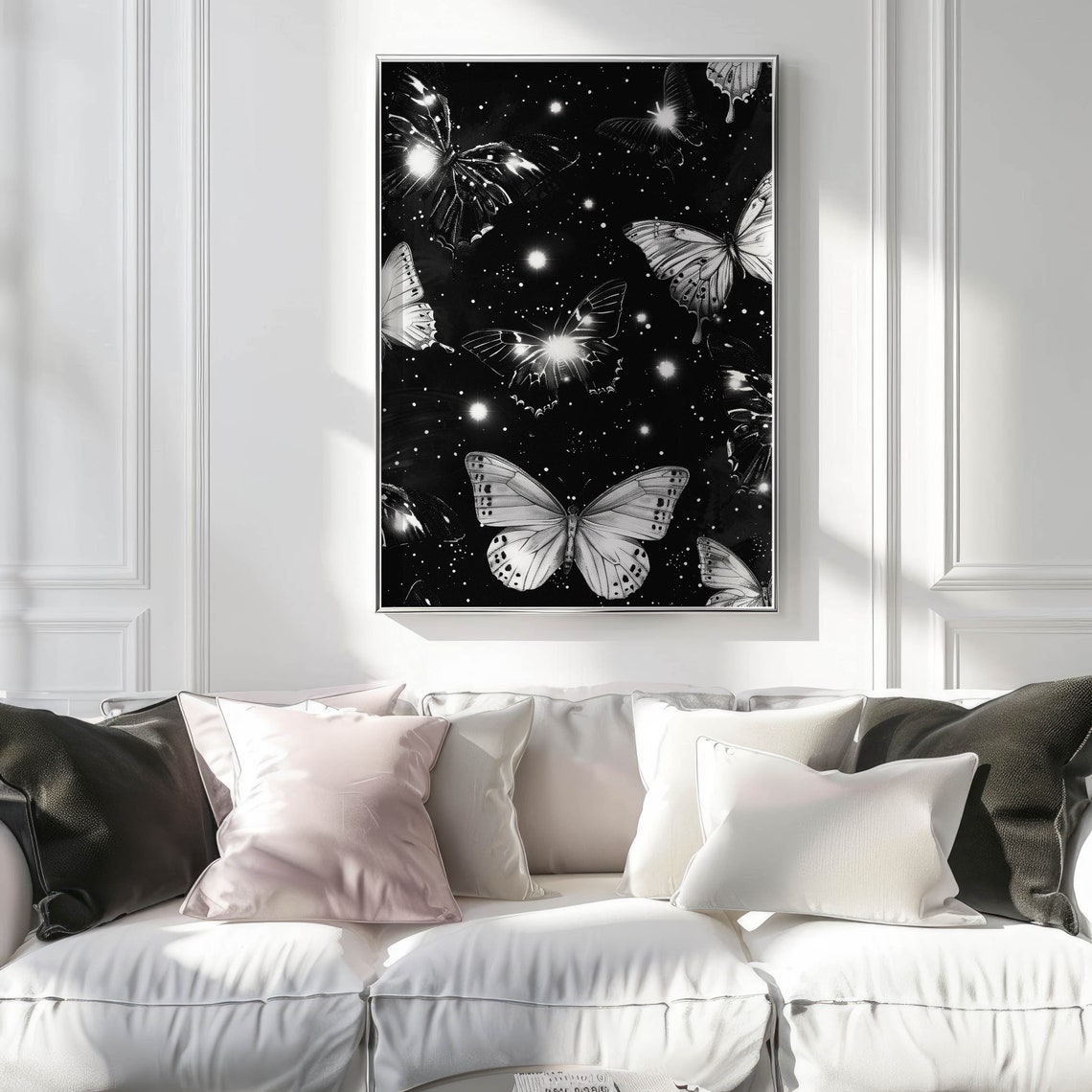 Black and White Night Butterflies on a Starry Sky Dark Moody Poster - Image 2