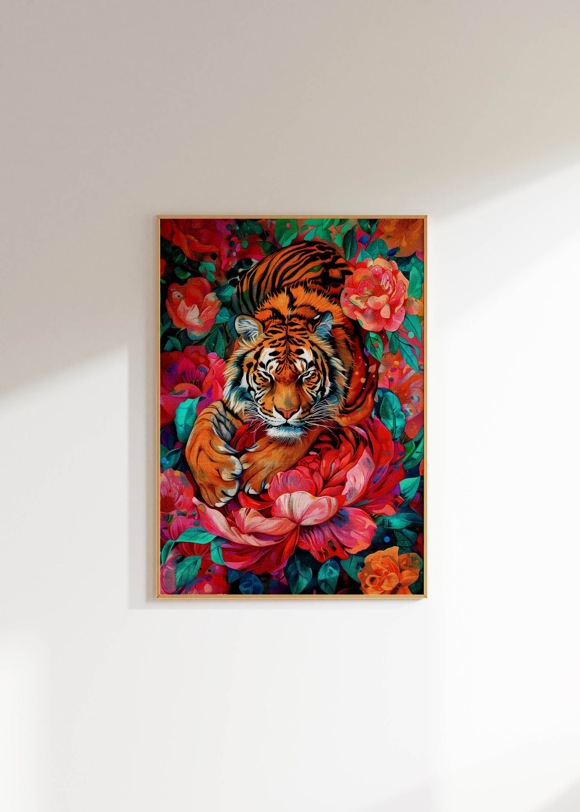 Vibrant Tiger Among Red Peonies Maximalist Floral Wall Poster