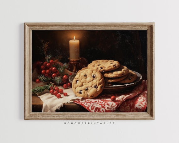 Christmas Chocolate Chip Cookies With Candle Still Life Poster