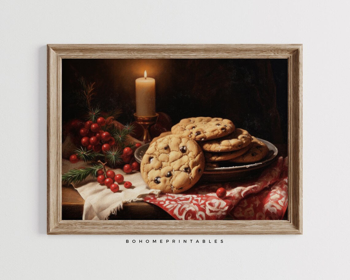 Christmas Chocolate Chip Cookies With Candle Still Life Poster