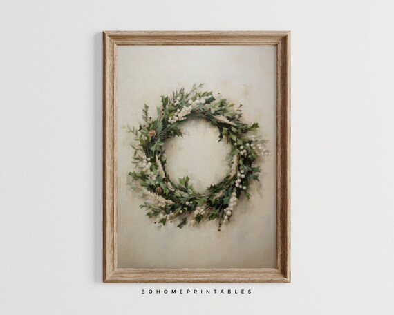 Fresh Christmas Greenery Wreath with White Berries Farmhouse Poster