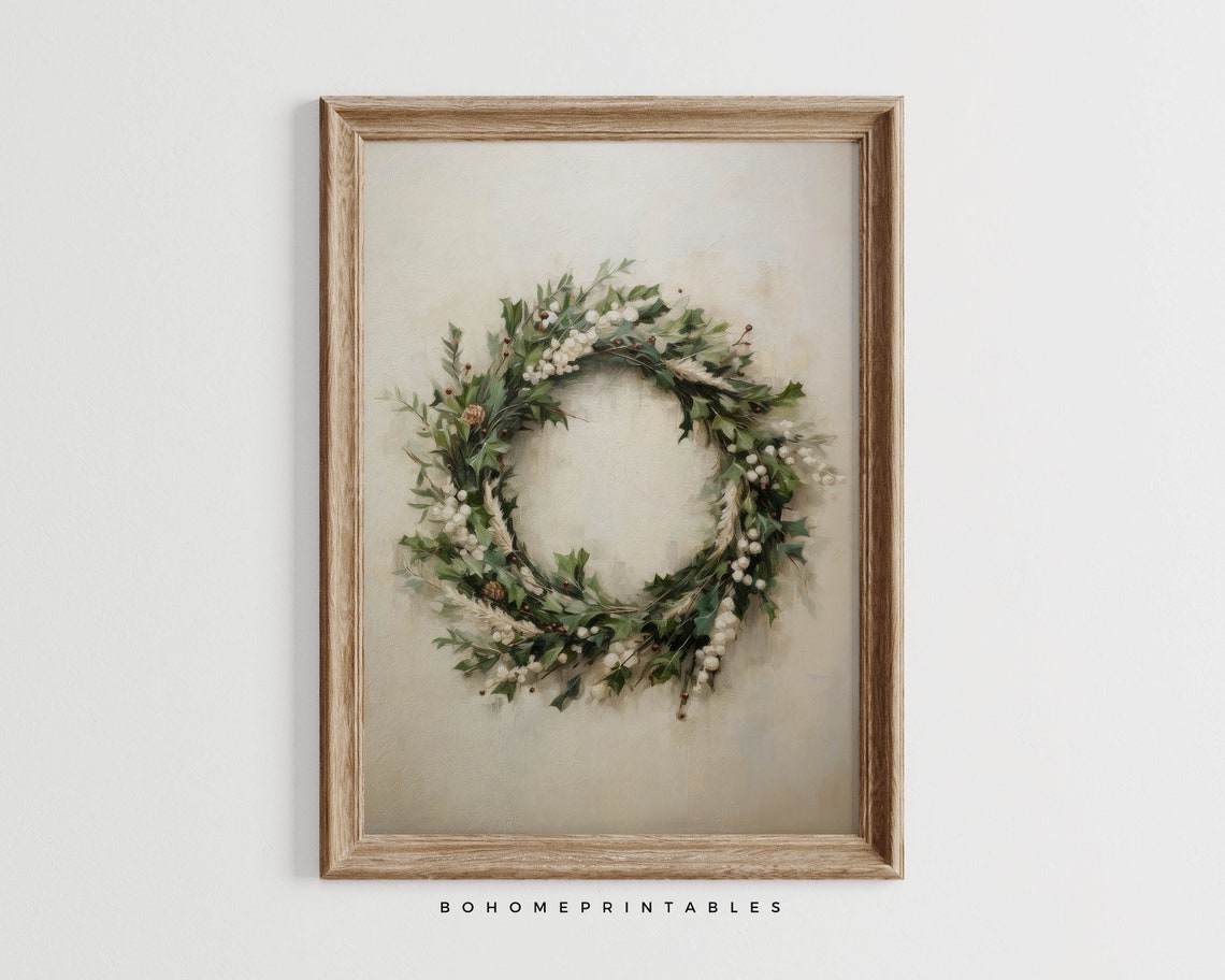 Fresh Christmas Greenery Wreath with White Berries Farmhouse Poster