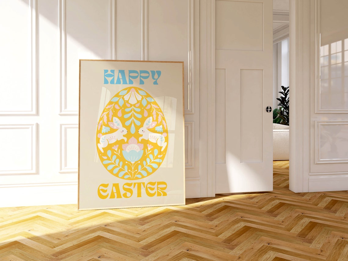 Happy Easter Folk Art Egg With Two Bunnies Yellow Blue Poster - Image 2