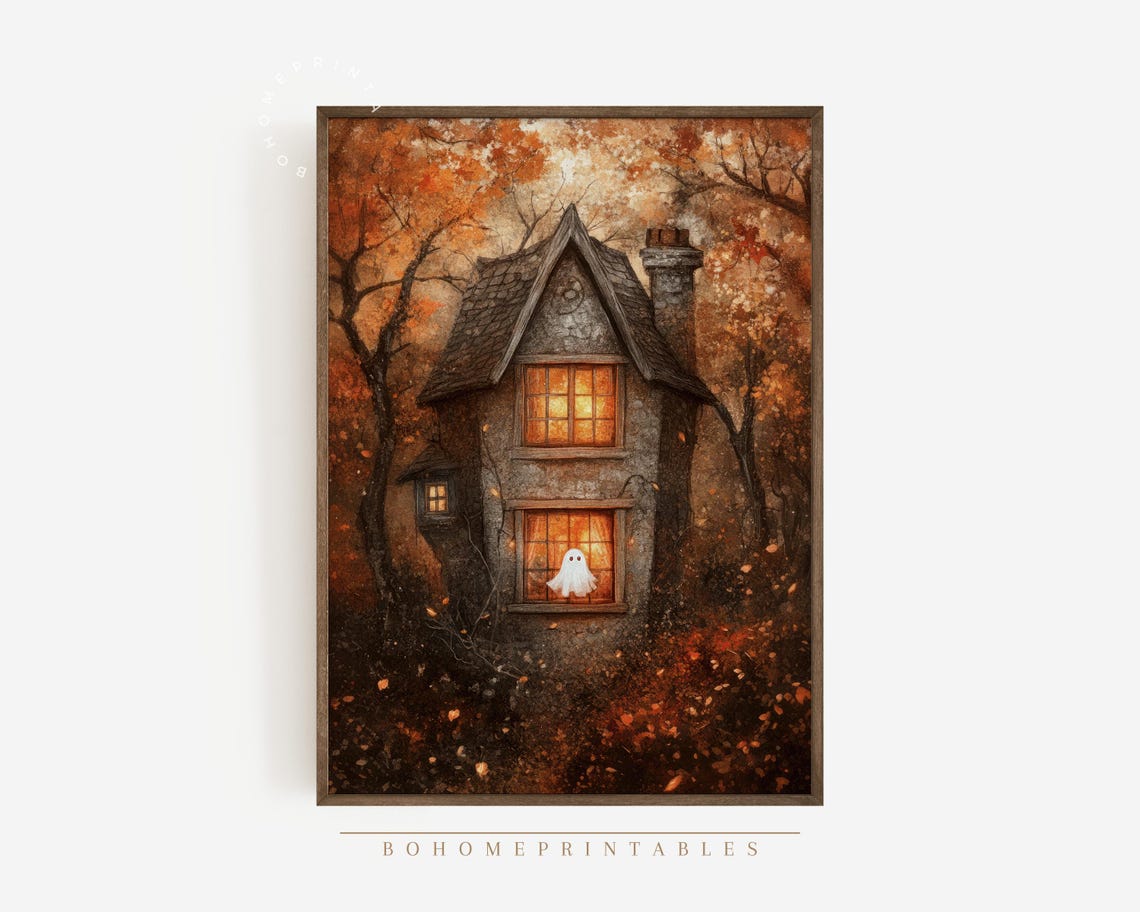 Haunted Stone Cottage Autumn Ghost Window Cozy Halloween Art Poster - Image 2