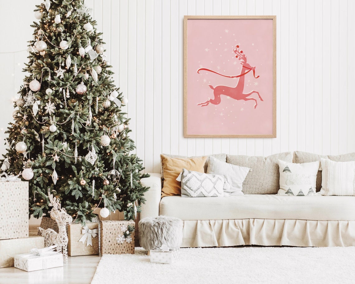Pink Leaping Reindeer Retro Christmas Holiday Sparkle Poster - Image 2