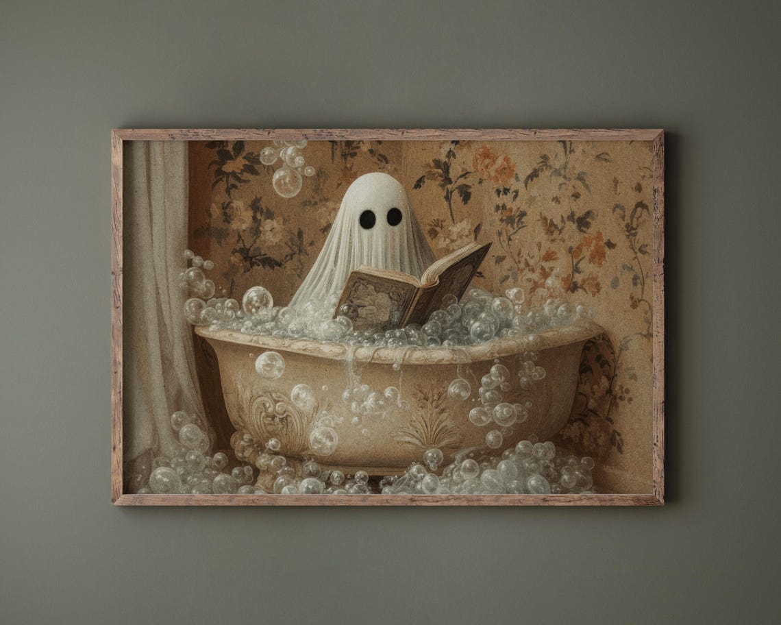 Adorable Ghost Reading Book In Bubble Bath Vintage Halloween Poster - Image 2