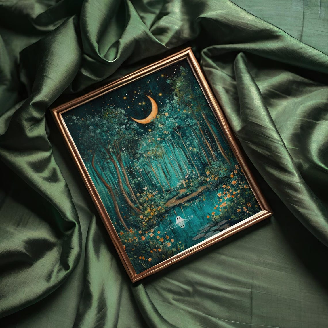 Cute Ghost Under Crescent Moonlight Forest Pond Whimsigoth Art Poster - Image 2