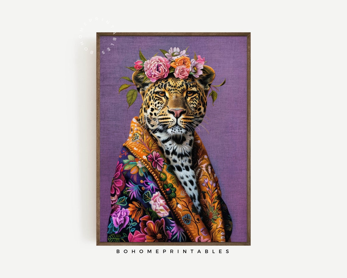 Leopard Flower Crown Colorful Robe Purple Maximalist Animal Art Poster