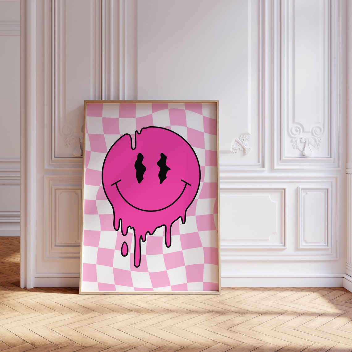 Pink Melting Smiley Face Funky Checkerboard Retro Wall Poster - Image 2