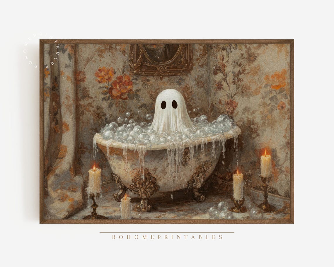 Whimsical Ghost Candlelight Bubble Bath Vintage Halloween Poster - Image 2