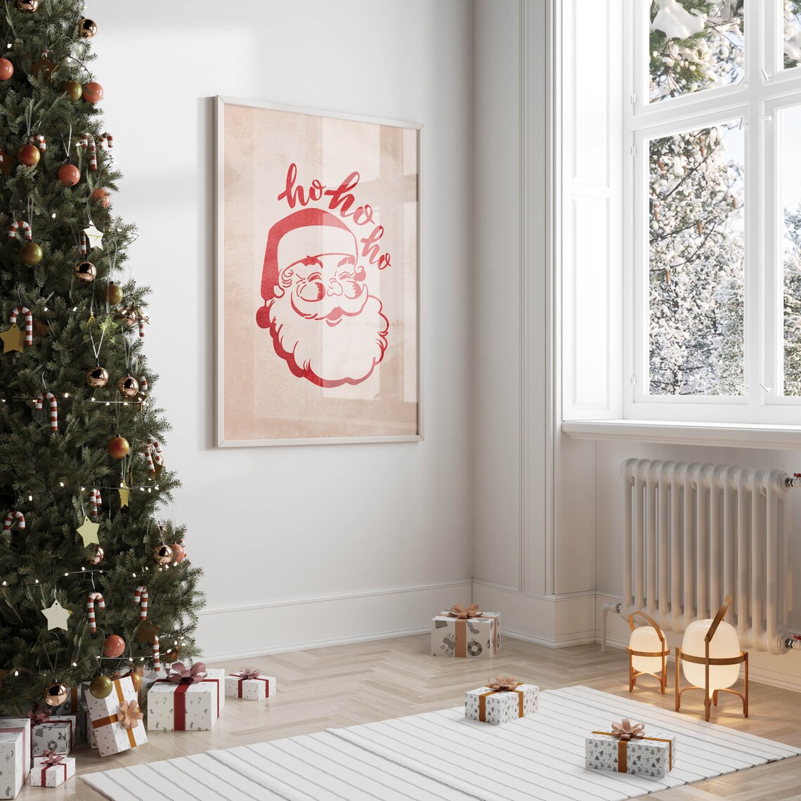 Retro Santa Claus Ho Ho Ho Red Line Art Christmas Holiday Poster - Image 2