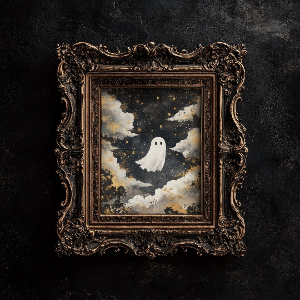 Cute Ghost In Starry Night Sky With Gold Clouds Vintage Ornate Frame Poster