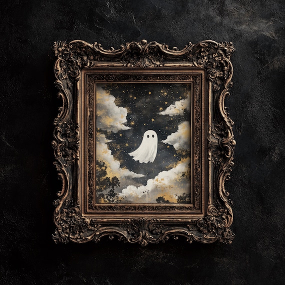 Cute Ghost In Starry Night Sky With Gold Clouds Vintage Ornate Frame Poster
