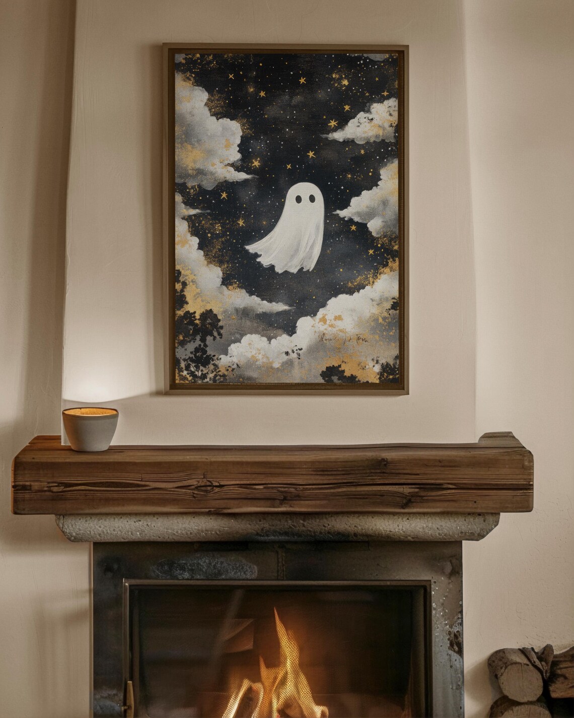Cute Ghost In Starry Night Sky With Gold Clouds Vintage Ornate Frame Poster - Image 2