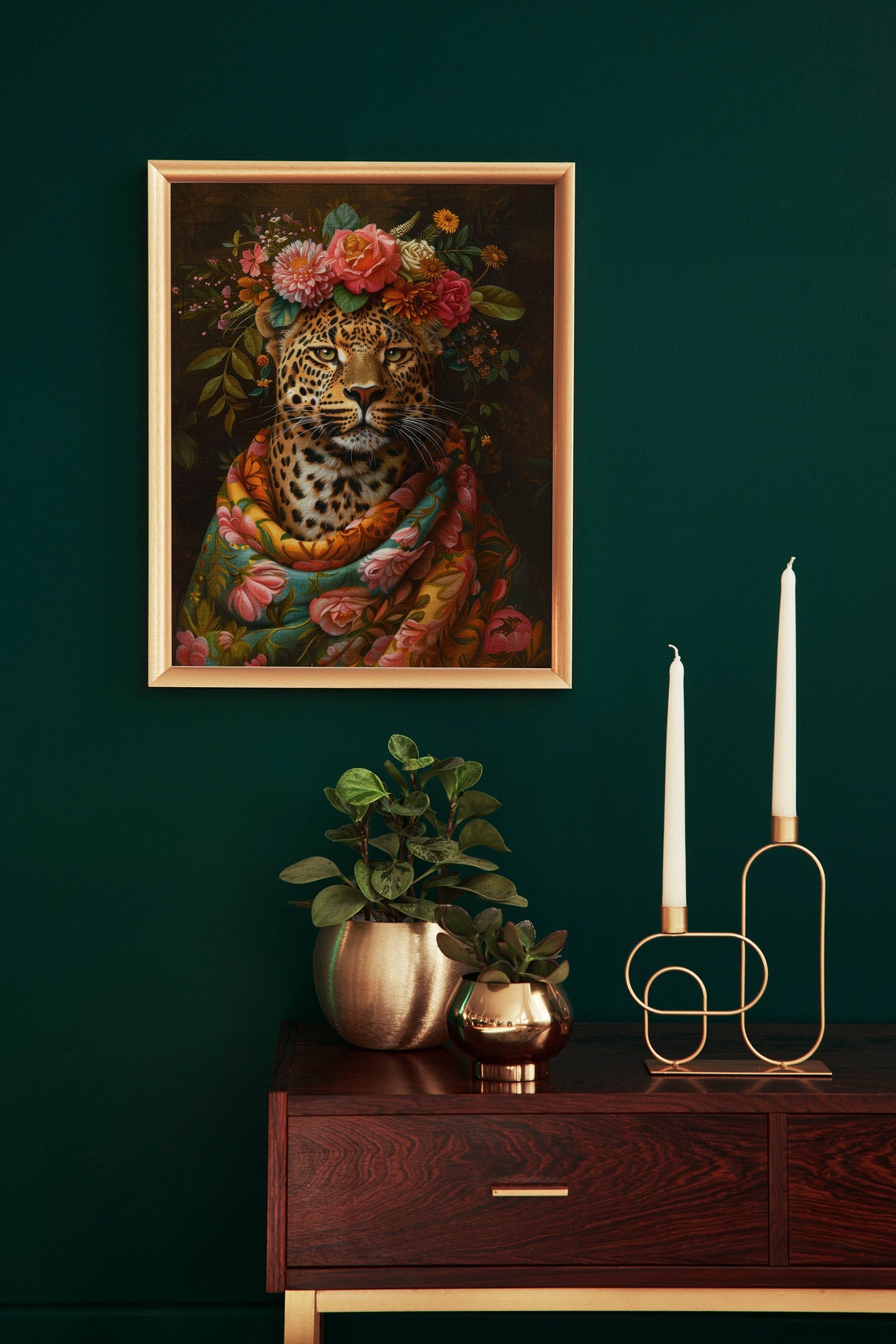 Leopard Portrait Floral Crown Botanical Shawl Dark Wall Poster - Image 2