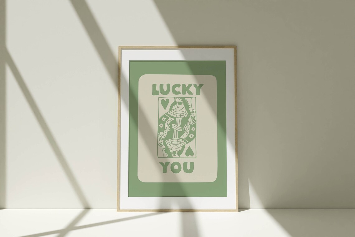 Lucky You Queen of Hearts Sage Green Playing Card Wall Poster - Image 2