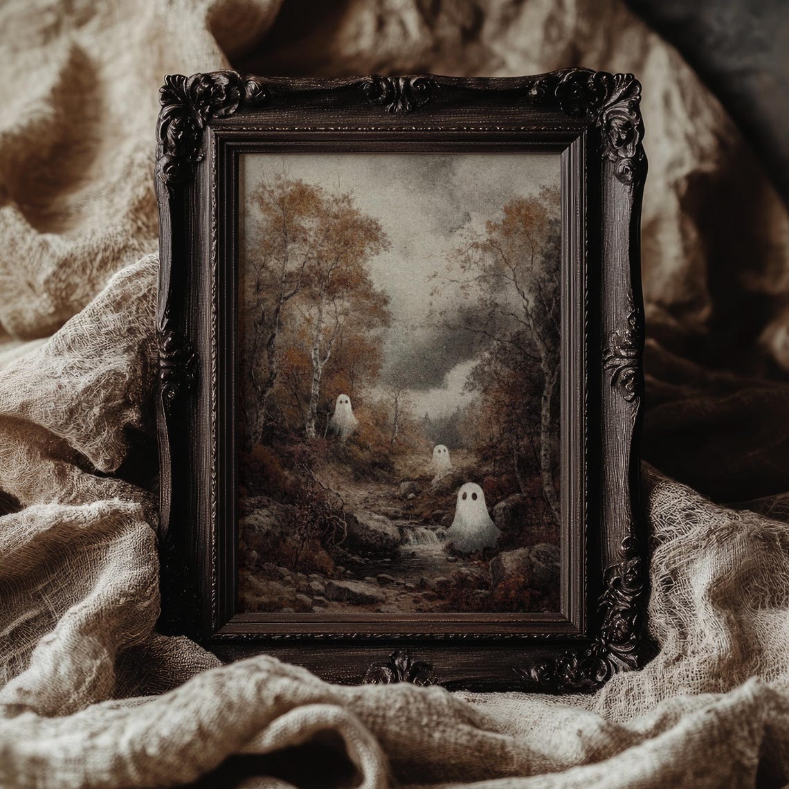 Three Ghosts in Autumn Woods Vintage Moody Halloween Art Poster