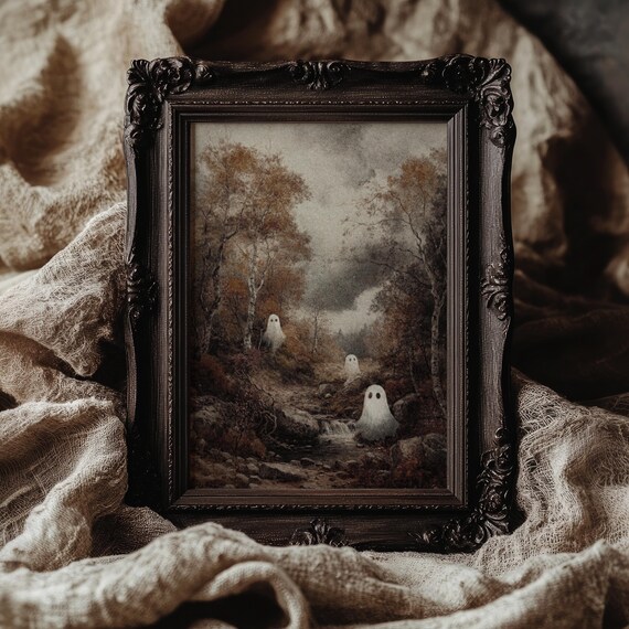 Cute Halloween Ghost Print Fall Art Forest Painting Cute Ghost Wall Art Halloween Print Vintage Autumn Decor Ghost Halloween Home Decor