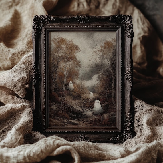 Three Ghosts in Autumn Woods Vintage Moody Halloween Art Poster