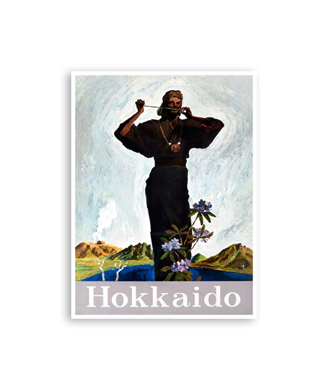 Hokkaido Japan Flute Player Mountain Flowers Vintage Travel Poster