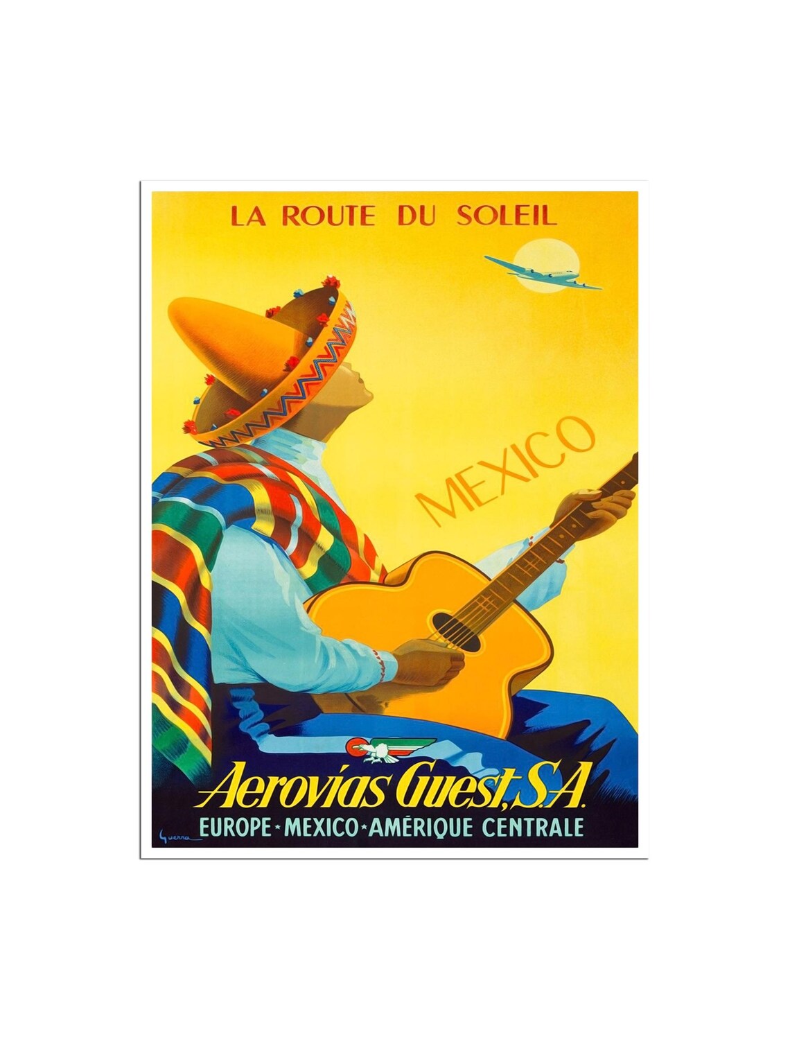 Mexico La Route Du Soleil Mariachi Guitarist Sombrero Travel Poster - Image 2