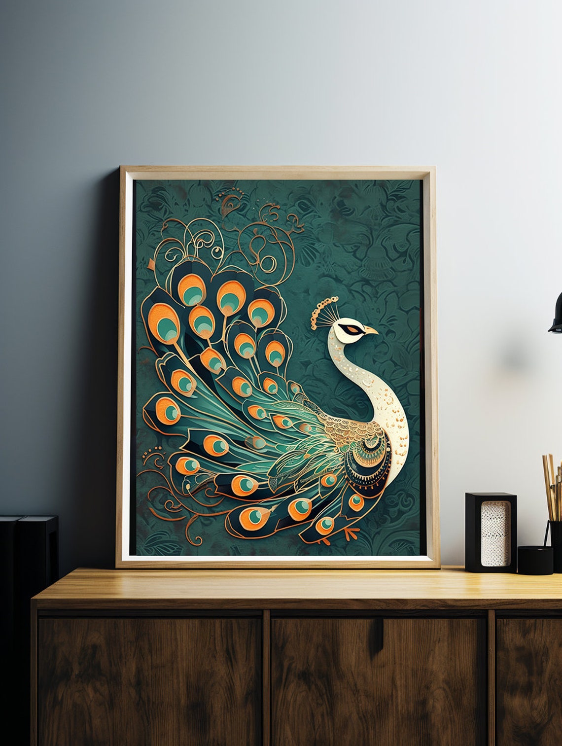 White Peacock With an Ornate Golden Tail on Patterned Teal Poster - Image 2