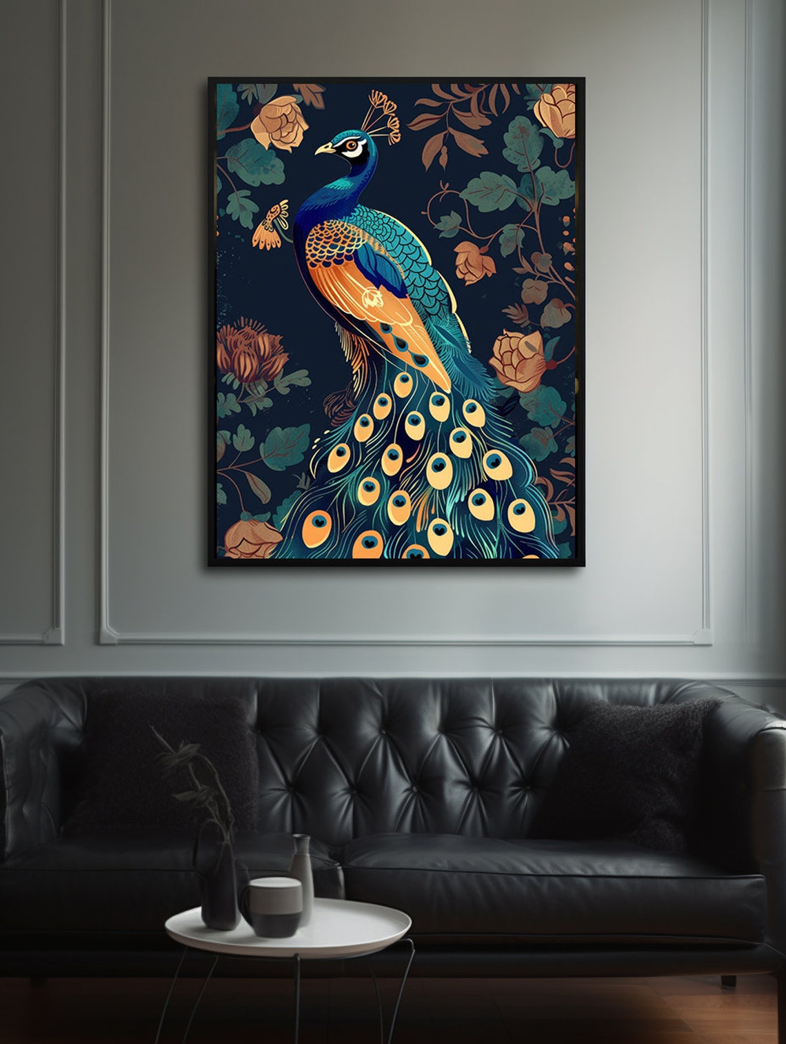 Blue and Orange Peacock Standing in a Lush Botanical Garden Poster