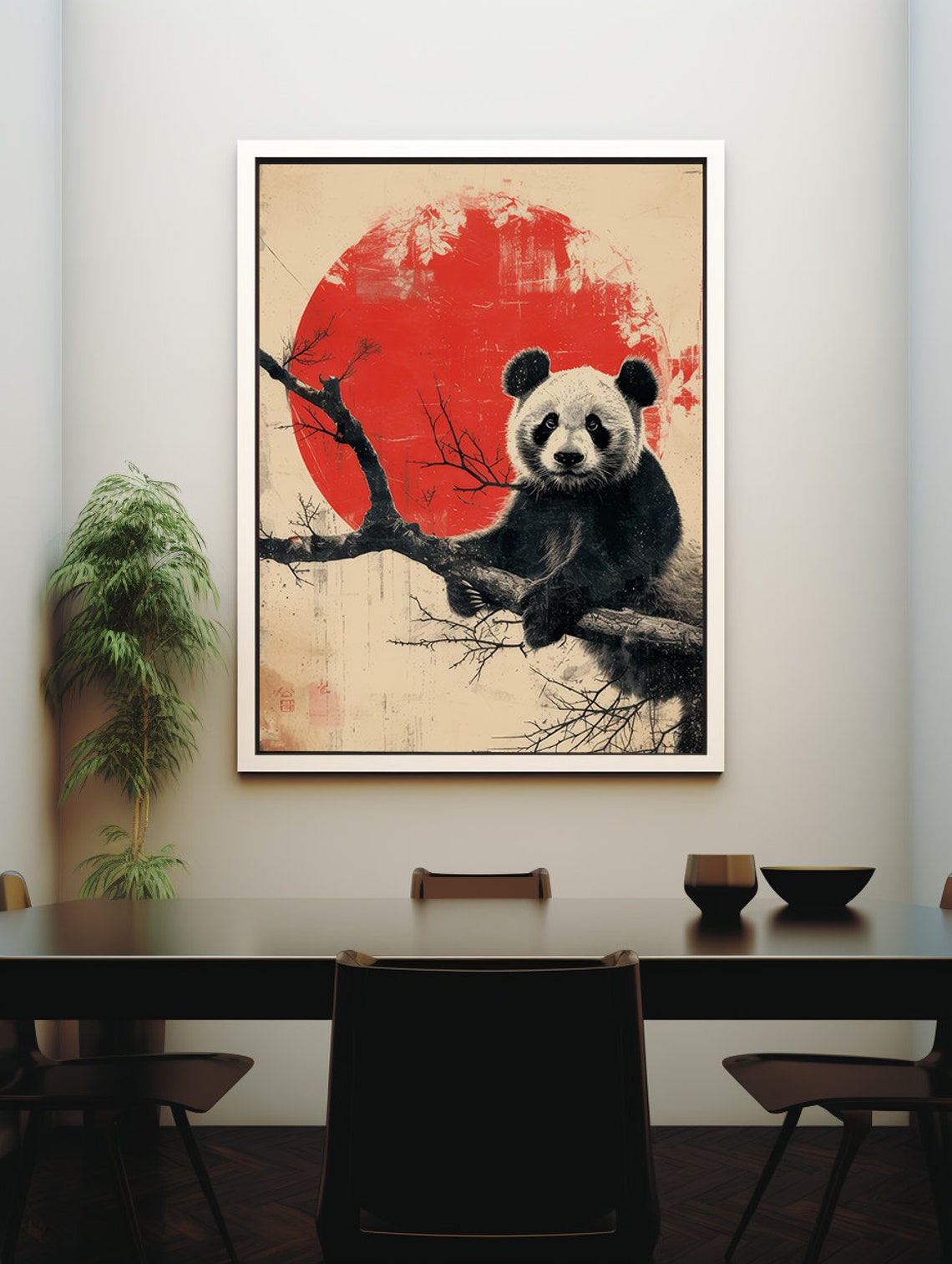 Panda Resting on a Tree Branch Beneath a Bold Red Sun Poster - Image 3