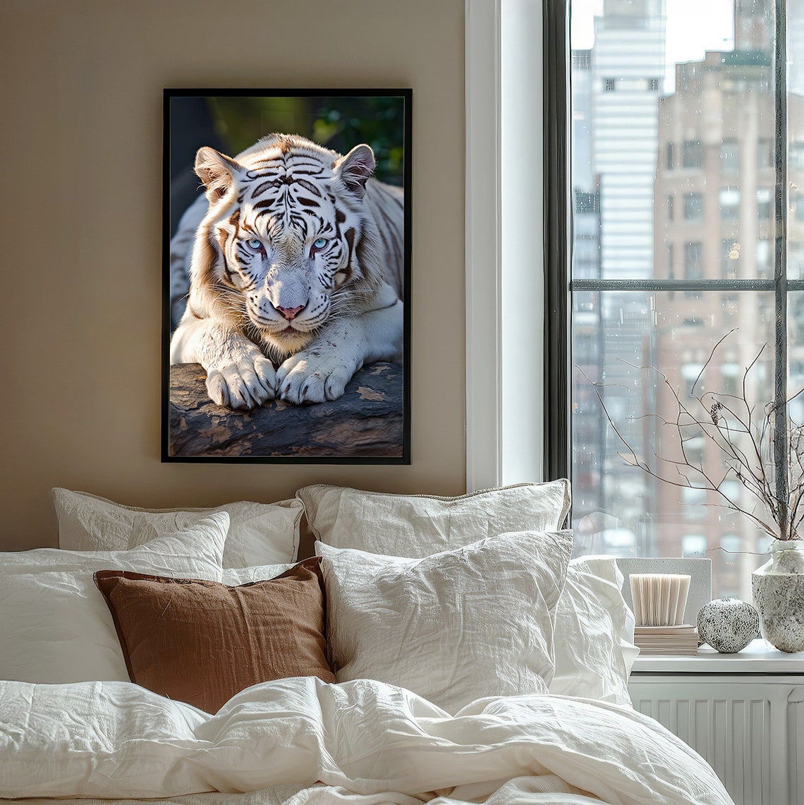 Albino White Tiger Portrait Lying Majestically on a Rock Poster - Image 7