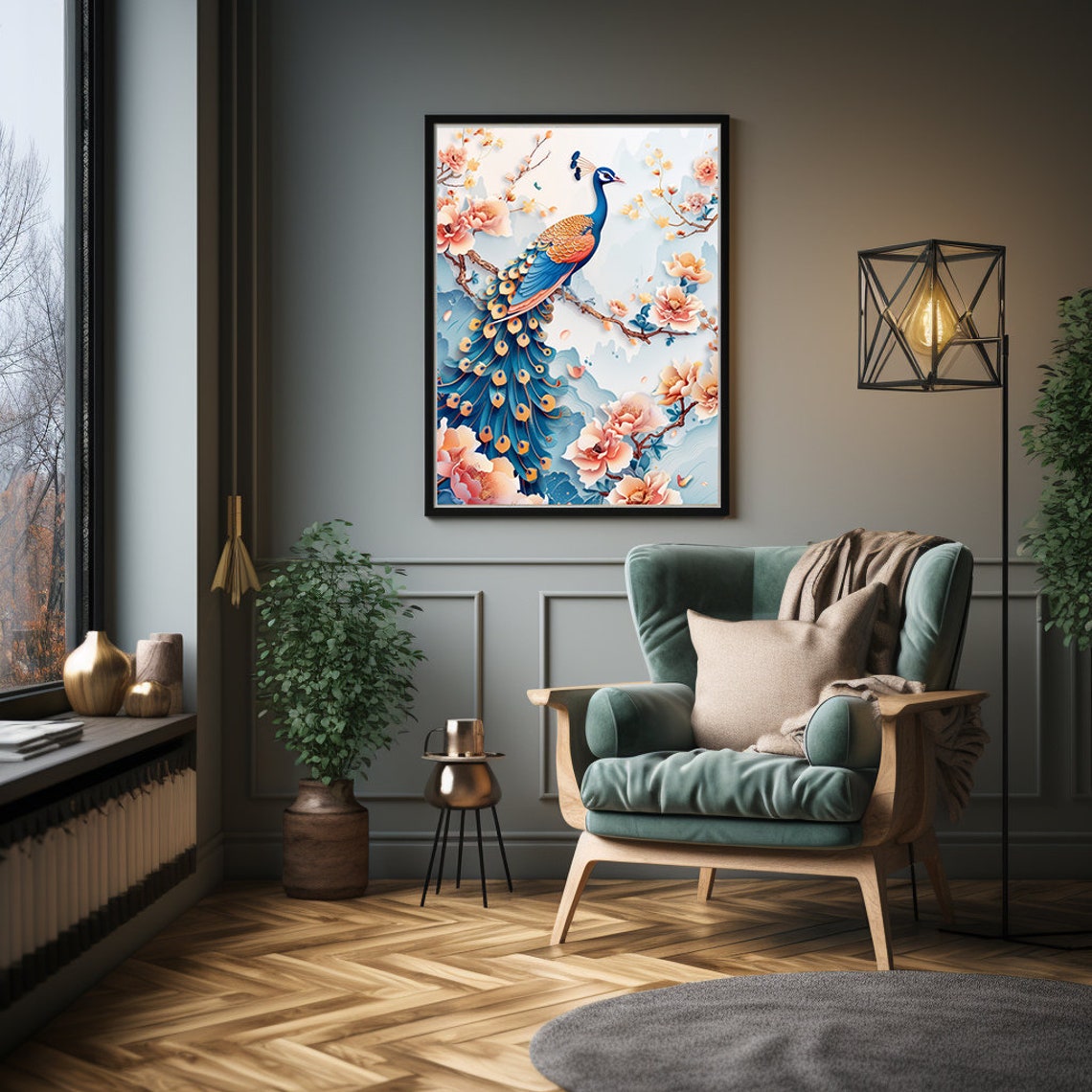 Peacock on a Flowering Branch in Delicate 3D Paper Art Poster - Image 4