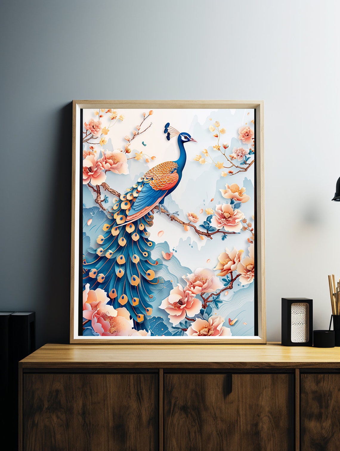 Peacock on a Flowering Branch in Delicate 3D Paper Art Poster - Image 3