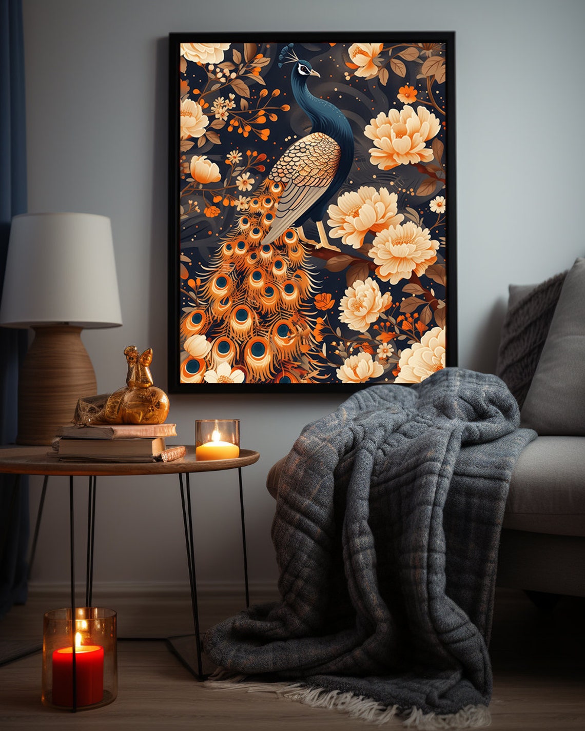 Peacock Among Cream Peonies and Blossoms on Dark Navy Poster - Image 7