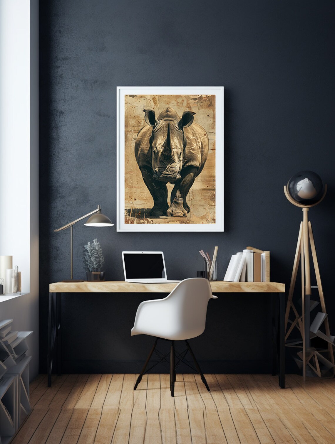 Charging Rhino Portrait on Weathered Vintage Parchment Poster
