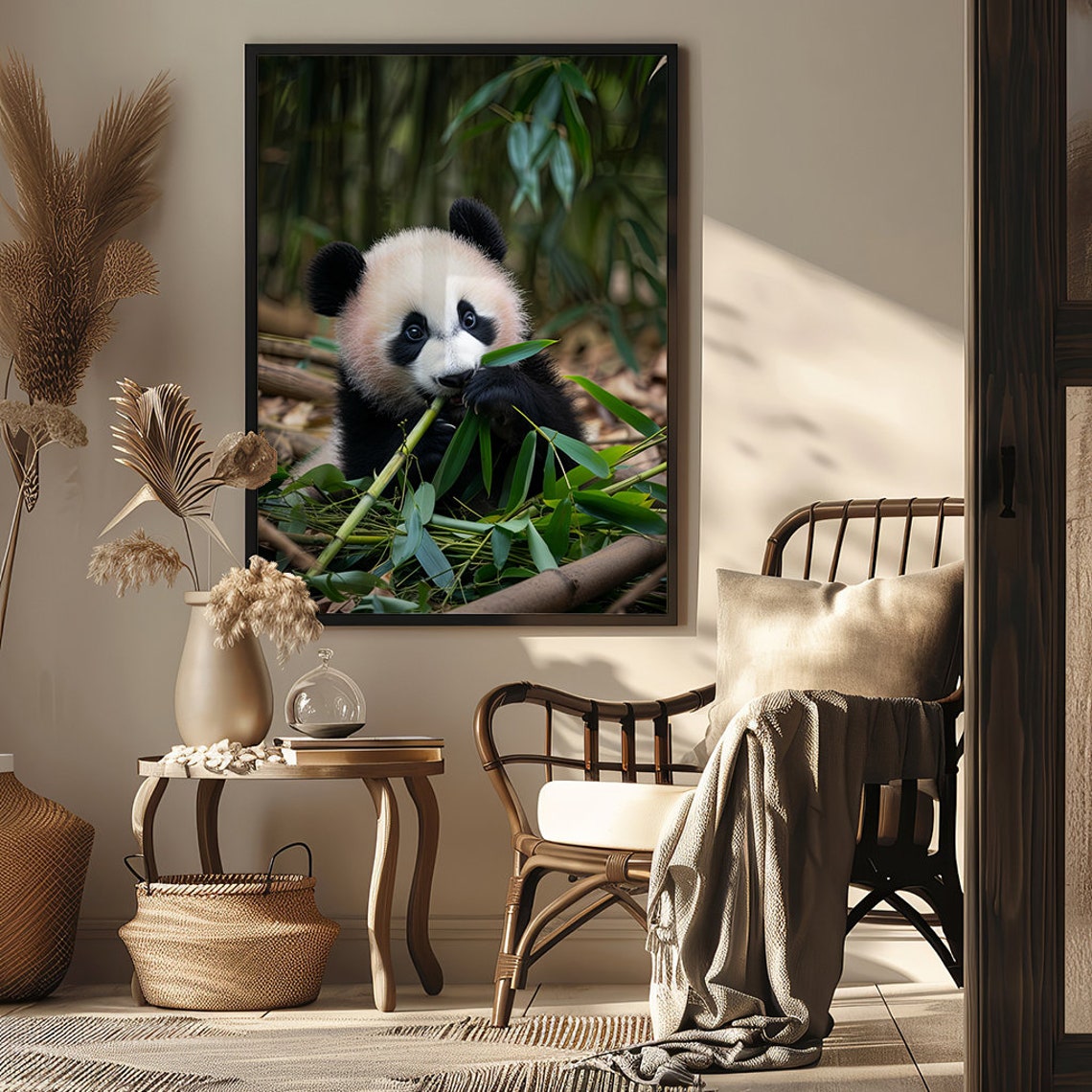 Baby Panda Cub Eating Bamboo Shoots in a Green Forest Poster - Image 6